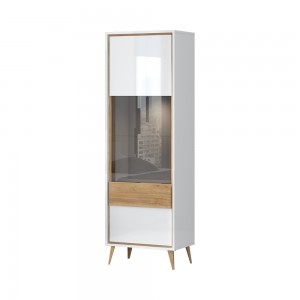 Vitrina din pal, cu 1 usa si LED inclus, Vida Alb / Nuc Pacific, l64xA40xH195 cm